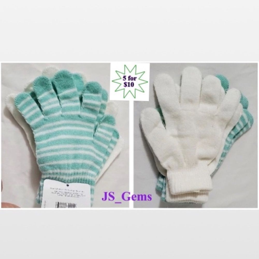 New 2 Pair Gloves Women’s Knit White Green Striped Warm Stretchy NWT